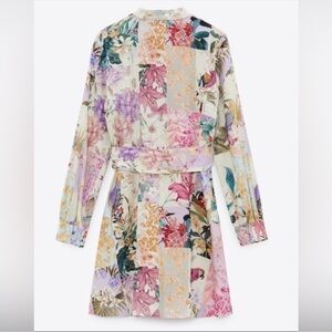 Zara Floral Parrot Button Up Belted Mini Linen Dress XS blogger fav